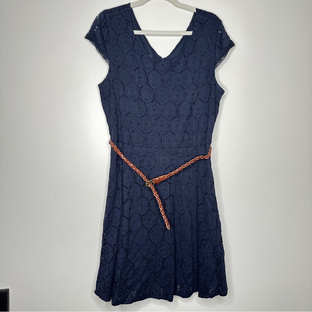 Alyx Navy eyelet  lace Dress‎ with Brown Belt